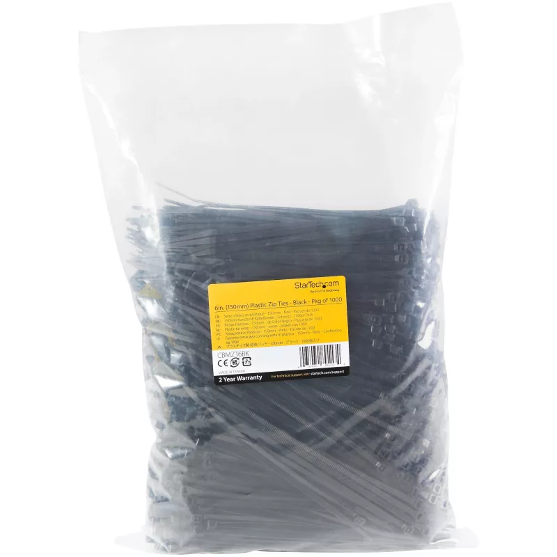 StarTech.com 1000-pakend 6 inch (15 cm) kaablisidemed – 1/8 inch (3,6 mm) laiad, kimbu läbimõõt 1-3/8 inch (39 mm), tõmbetugevus 40 naela (18 kg), nailonist iselukustuvad tõmbesidemed kumera otsaga, UL loetletud, must – TAA