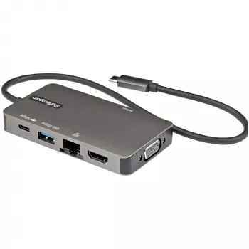 StarTech.com USB-C mitmeport-adapter – USB-C > 4K 30 Hz HDMI või 1080p VGA – USB-C tüüpi minidokk 100 W läbisöötava toiteedastusega, 3-pordine USB-jaotur 5 Gbit/s, GbE – 12″ (30 cm) kinnitatud kaabel