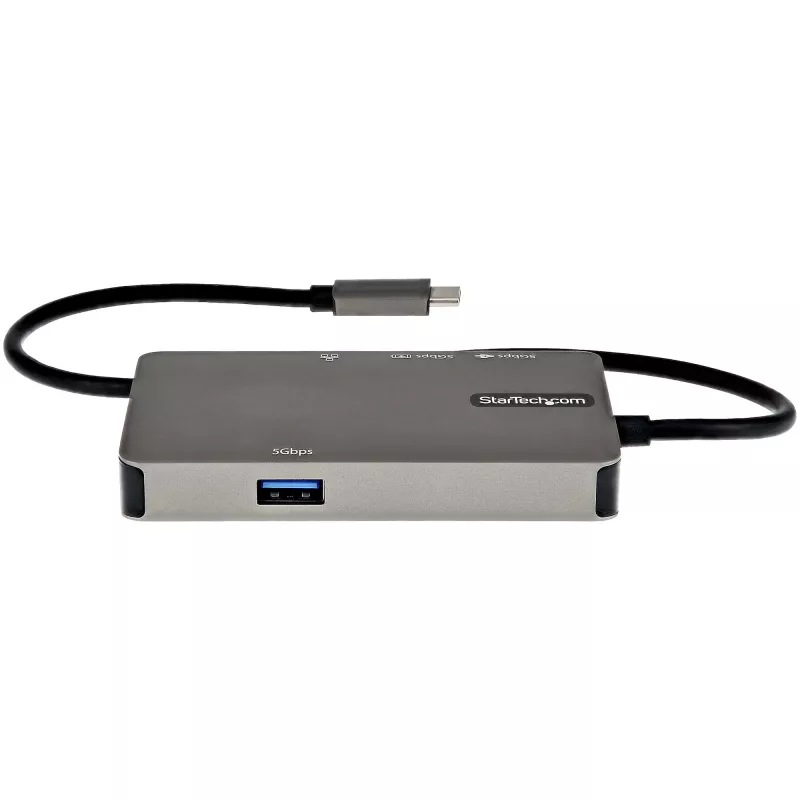 StarTech.com USB-C mitmeport-adapter – USB-C > 4K 30 Hz HDMI või 1080p VGA – USB-C tüüpi minidokk 100 W läbisöötava toiteedastusega, 3-pordine USB-jaotur 5 Gbit/s, GbE – 12″ (30 cm) kinnitatud kaabel