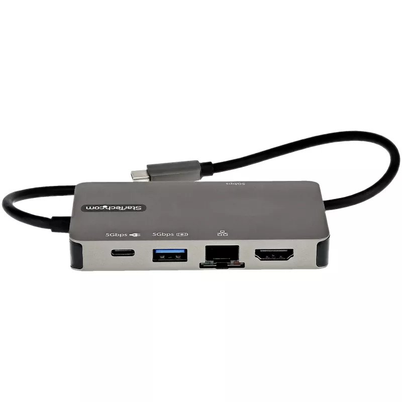 StarTech.com USB-C mitmeport-adapter – USB-C > 4K 30 Hz HDMI või 1080p VGA – USB-C tüüpi minidokk 100 W läbisöötava toiteedastusega, 3-pordine USB-jaotur 5 Gbit/s, GbE – 12″ (30 cm) kinnitatud kaabel