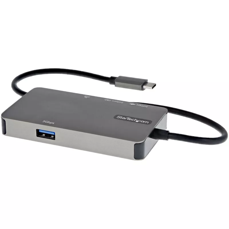 StarTech.com USB-C mitmeport-adapter – USB-C > 4K 30 Hz HDMI või 1080p VGA – USB-C tüüpi minidokk 100 W läbisöötava toiteedastusega, 3-pordine USB-jaotur 5 Gbit/s, GbE – 12″ (30 cm) kinnitatud kaabel