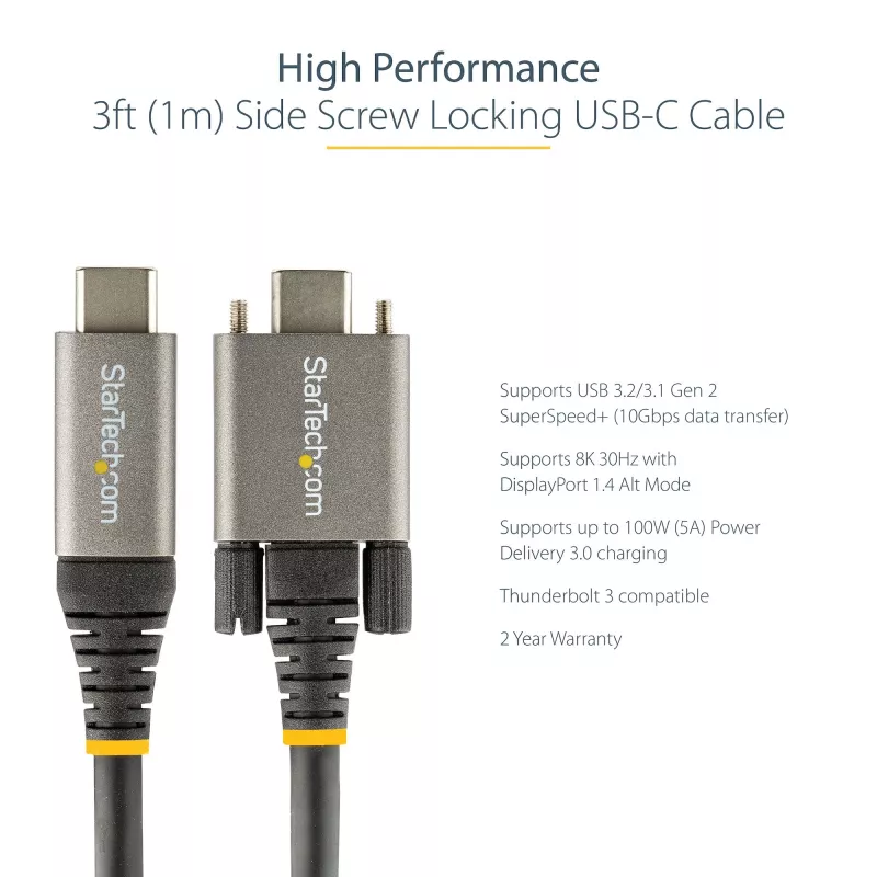 StarTech.com 50 cm küljelukustuv USB-C-kaabel 10 Gbit/s – USB 3.1/3.2 Gen 2 USB-C-kaabel – 100 W (5 A) toiteedastusega laadimine, DP Alt Mode – kahe kruvilukuga – USB-C-juhe laadimiseks/sünkroonimiseks