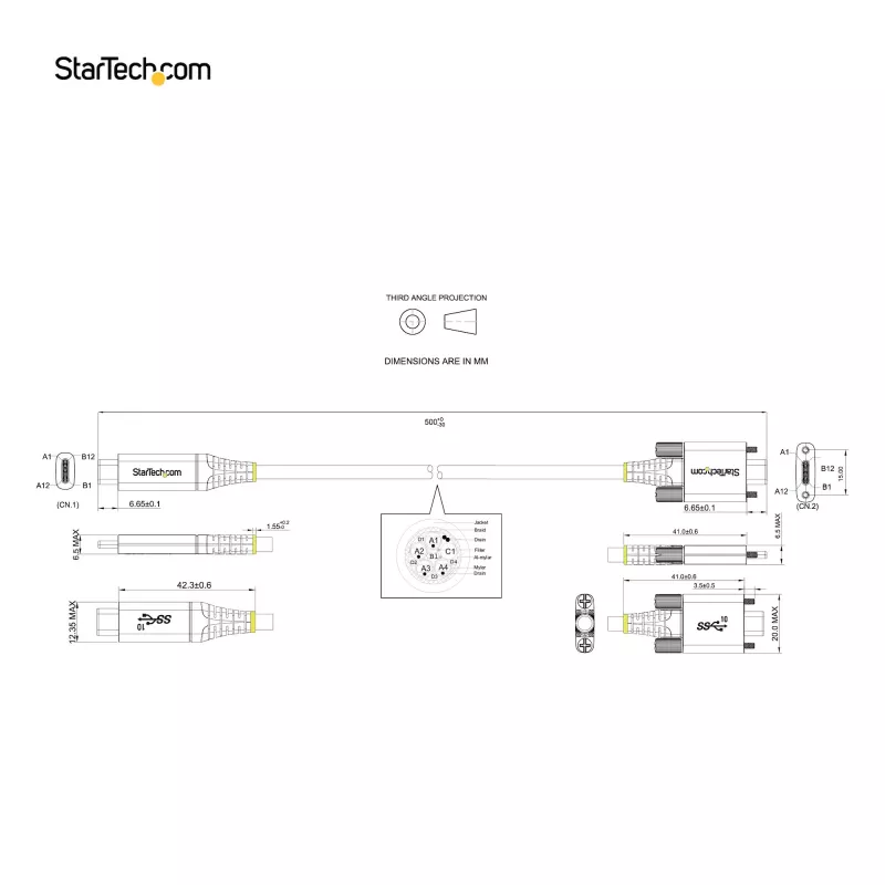 StarTech.com 50 cm küljelukustuv USB-C-kaabel 10 Gbit/s – USB 3.1/3.2 Gen 2 USB-C-kaabel – 100 W (5 A) toiteedastusega laadimine, DP Alt Mode – kahe kruvilukuga – USB-C-juhe laadimiseks/sünkroonimiseks