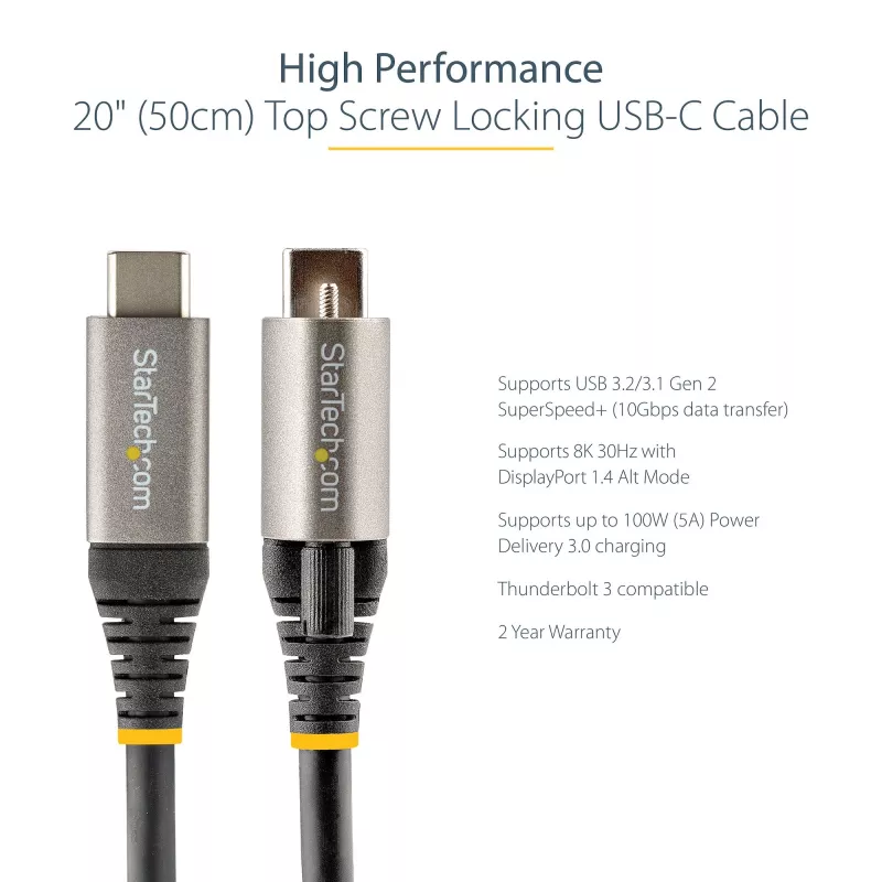 StarTech.com 20 tolli (50 cm) pealmise kruvilukuga USB-C kaabel 10 Gbps – USB 3.1/3.2 Gen 2 USB-C kaabel – 100 W (5 A) Power Delivery laadimine, DP Alt režiim – ühe kruvilukuga, USB-C juhe laadimiseks/sünkroonimiseks