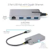 StarTech.com 3-pordine USB-jaotur Ethernetiga - 3x USB-A porti - Gigabit Ethernet (RJ-45) - USB 3.0 5Gbps - Siinivõimsusel - 1 jalga/30 cm pikk kaabel - Kaasaskantav sülearvuti USB-jaoturi adapter koos GbE-ga