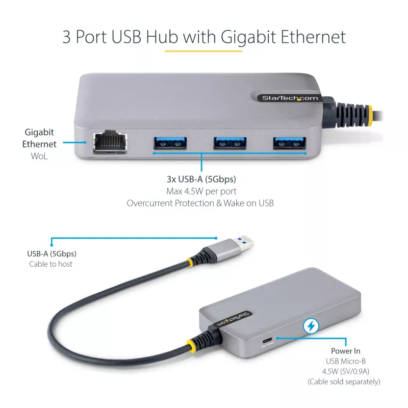 StarTech.com 3-pordine USB-jaotur Ethernetiga - 3x USB-A porti - Gigabit Ethernet (RJ-45) - USB 3.0 5Gbps - Siinivõimsusel - 1 jalga/30 cm pikk kaabel - Kaasaskantav sülearvuti USB-jaoturi adapter koos GbE-ga