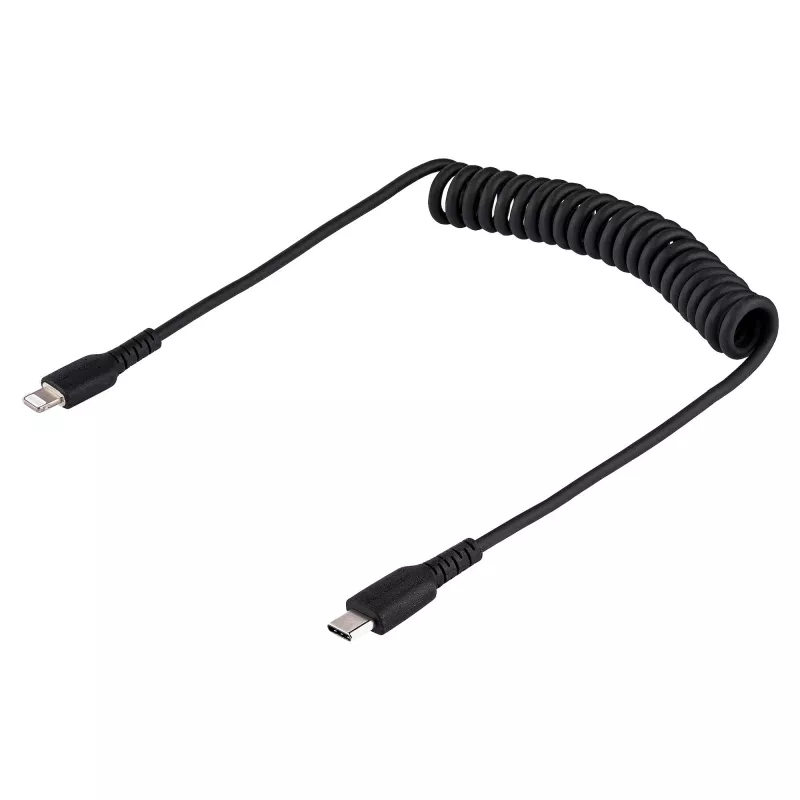 StarTech.com 1 m (3 jalga) USB-C–Lightning-kaabel, MFi-sertifikaadiga, spiraalne iPhone'i laadimiskaabel, must, vastupidav TPE-kate aramiidkiuga, tugev spiraalne Lightning-kaabel