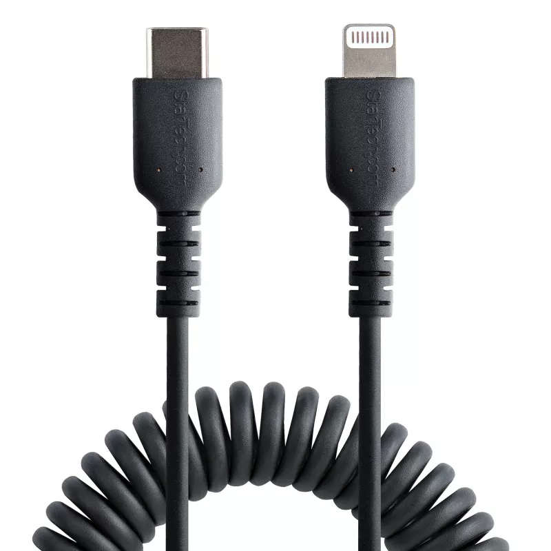 StarTech.com 1 m (3 jalga) USB-C–Lightning-kaabel, MFi-sertifikaadiga, spiraalne iPhone'i laadimiskaabel, must, vastupidav TPE-kate aramiidkiuga, tugev spiraalne Lightning-kaabel