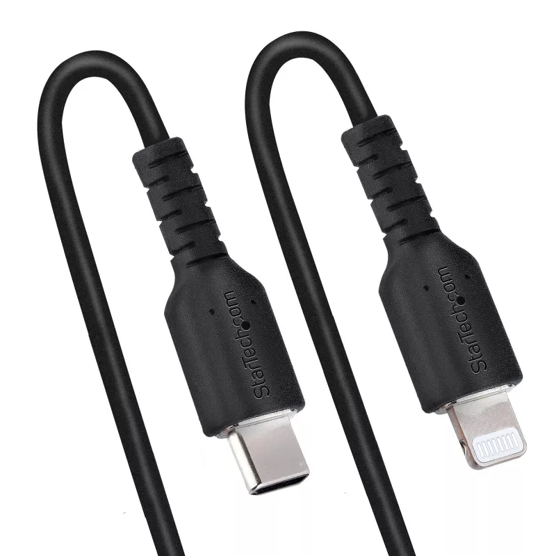 StarTech.com 1 m (3 jalga) USB-C–Lightning-kaabel, MFi-sertifikaadiga, spiraalne iPhone'i laadimiskaabel, must, vastupidav TPE-kate aramiidkiuga, tugev spiraalne Lightning-kaabel