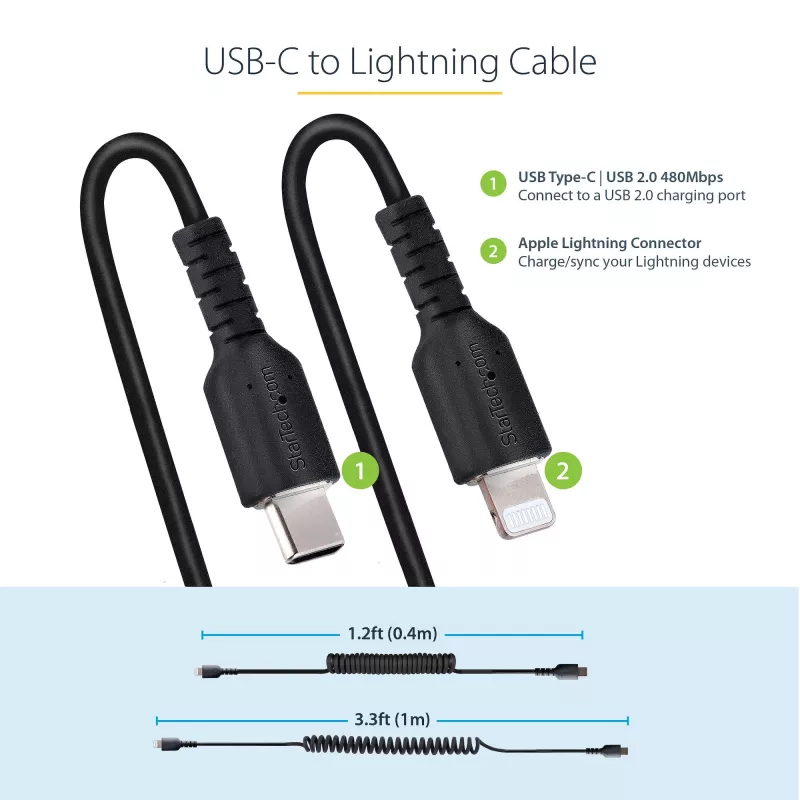 StarTech.com 1 m (3 jalga) USB-C–Lightning-kaabel, MFi-sertifikaadiga, spiraalne iPhone'i laadimiskaabel, must, vastupidav TPE-kate aramiidkiuga, tugev spiraalne Lightning-kaabel