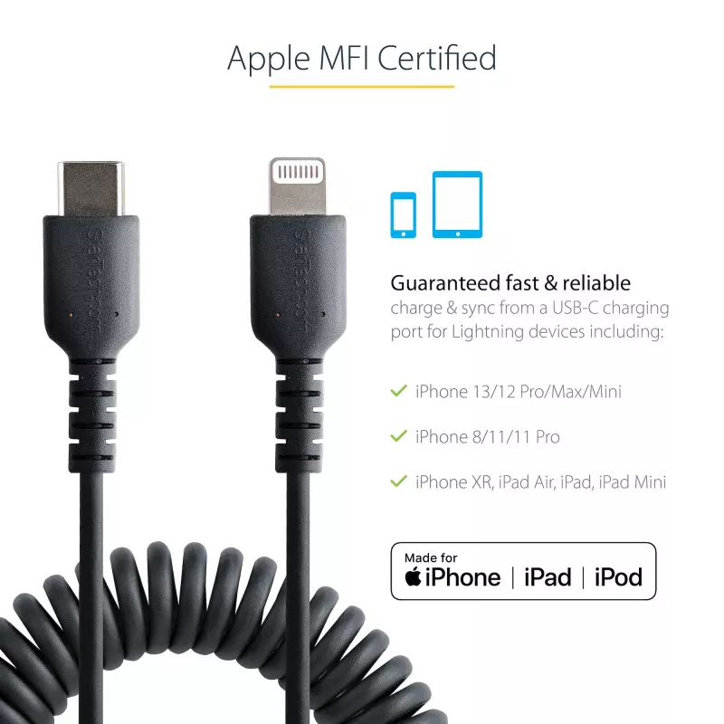 StarTech.com 1 m (3 jalga) USB-C–Lightning-kaabel, MFi-sertifikaadiga, spiraalne iPhone'i laadimiskaabel, must, vastupidav TPE-kate aramiidkiuga, tugev spiraalne Lightning-kaabel