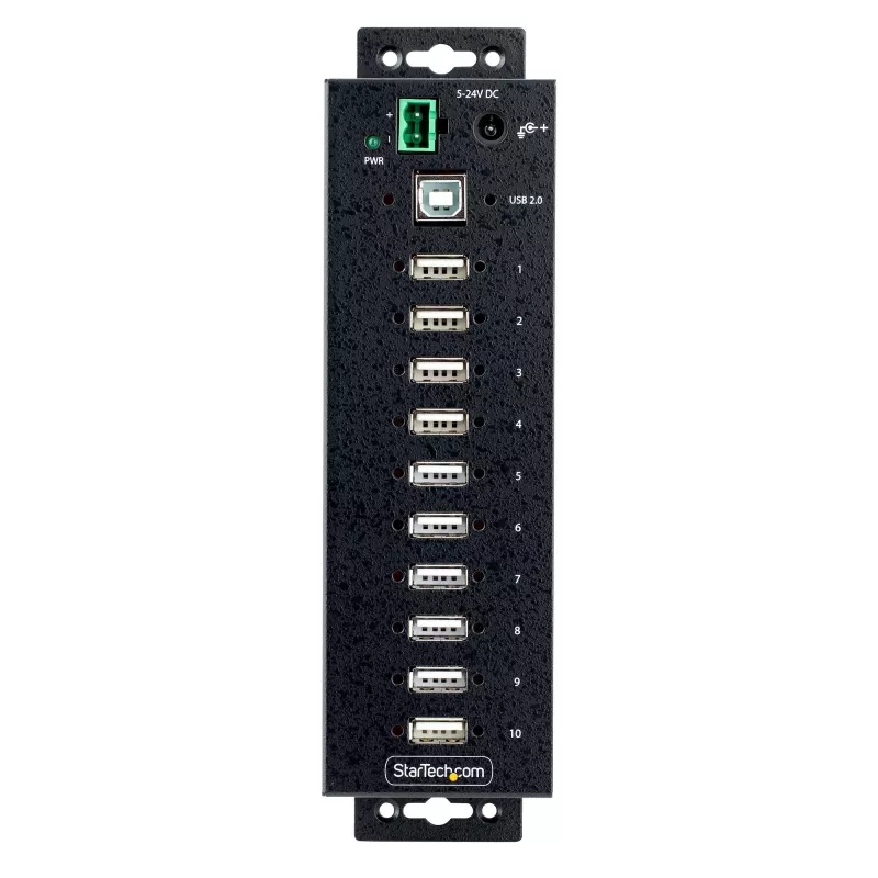 StarTech.com 10-pordiline tööstuslik USB 2.0 jaotur, vastupidav USB-jaotur ESD 4. taseme kaitsega, DIN-/seina-/lauakinnitusega USB-A jaotur, USB-pordilaiendaja lukustatavate portidega, mitme pordiga USB-jaotur