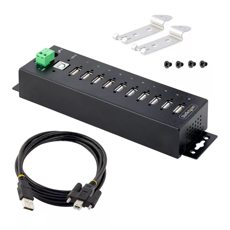 StarTech.com 10-pordiline tööstuslik USB 2.0 jaotur, vastupidav USB-jaotur ESD 4. taseme kaitsega, DIN-/seina-/lauakinnitusega USB-A jaotur, USB-pordilaiendaja lukustatavate portidega, mitme pordiga USB-jaotur