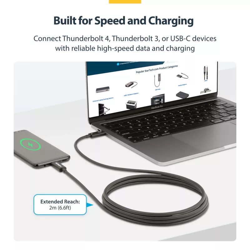 StarTech.com 6ft (2m) Active Thunderbolt 4 kaabel, 40Gbps, 100W Power Delivery, 4K/8K Video, Intel-Certified Thunderbolt kaabel - Ühilduv w/ USB4/Thunderbolt 4/ USB 3.2/ USB USB-C/DisplayPort/Thunderbolt 3