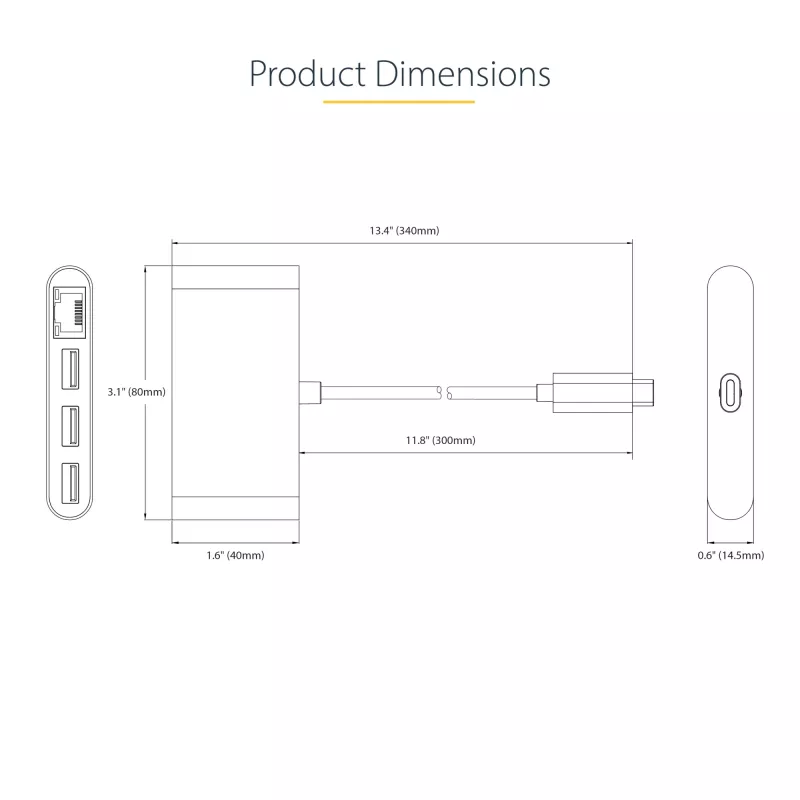 StarTech.com 3-pordiline USB-C jaotur Ethernetiga - 3x USB-A - Gigabit Ethernet - USB 3.0 5 Gbit/s - siiniga toidetav - 1 jala/30 cm pikk USB USB-C hostkaabel - GbE - kaasaskantav USB-C–USB-A jaotur