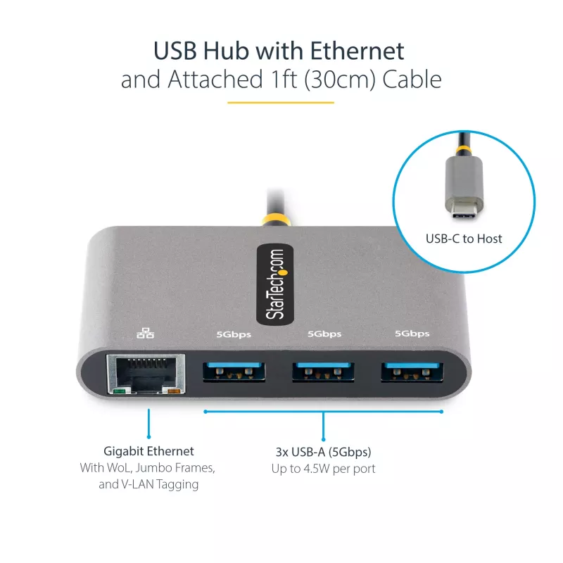 StarTech.com 3-pordiline USB-C jaotur Ethernetiga - 3x USB-A - Gigabit Ethernet - USB 3.0 5 Gbit/s - siiniga toidetav - 1 jala/30 cm pikk USB USB-C hostkaabel - GbE - kaasaskantav USB-C–USB-A jaotur