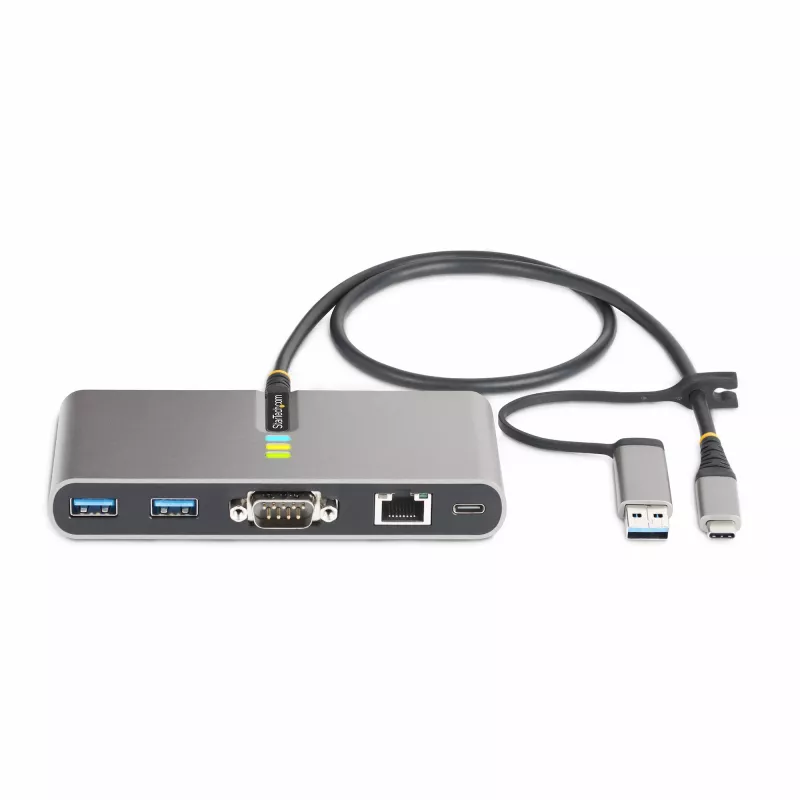 StarTech.com 2-pordiline USB-C-jaotur Etherneti ja RS-232-ga, kinnitatud USB-C–USB-A adapter, 100 W PD läbipääs, 2x USB-A 5 Gbit/s, Gigabit Ethernet, RS232 jadaport (FTDI)