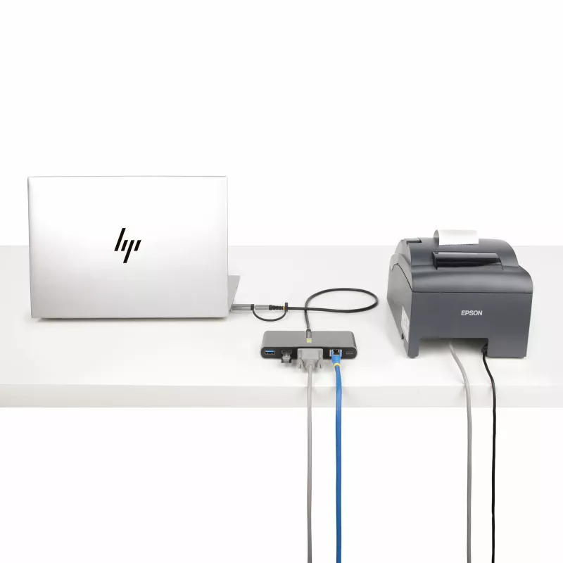 StarTech.com 2-pordiline USB-C-jaotur Etherneti ja RS-232-ga, kinnitatud USB-C–USB-A adapter, 100 W PD läbipääs, 2x USB-A 5 Gbit/s, Gigabit Ethernet, RS232 jadaport (FTDI)