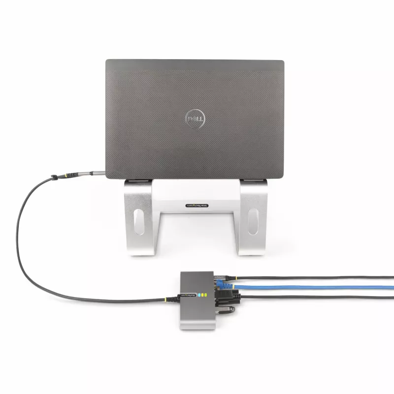 StarTech.com 2-pordiline USB-C-jaotur Etherneti ja RS-232-ga, kinnitatud USB-C–USB-A adapter, 100 W PD läbipääs, 2x USB-A 5 Gbit/s, Gigabit Ethernet, RS232 jadaport (FTDI)