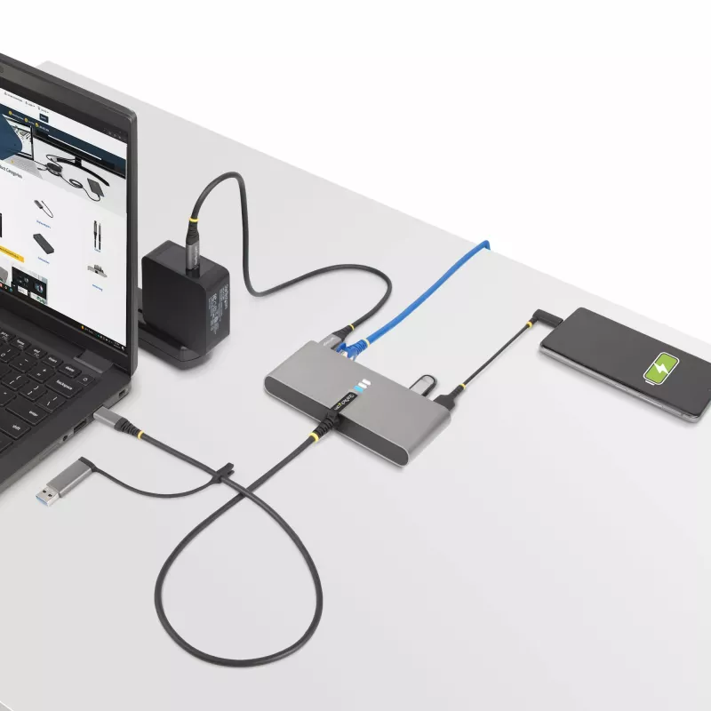 StarTech.com 2-pordiline USB-C-jaotur Etherneti ja RS-232-ga, kinnitatud USB-C–USB-A adapter, 100 W PD läbipääs, 2x USB-A 5 Gbit/s, Gigabit Ethernet, RS232 jadaport (FTDI)