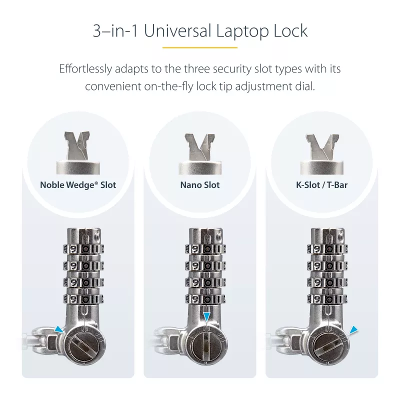 StarTech.com Universaalne sülearvutilukk 6,6 jalga (2 m), turvakaabel sülearvutile, ühildub Noble Wedge®/Nano/K-pesaga; võtmeta kombinatsiooniga lukustuskaabel, vargusvastane lõikekindel teraskaabel