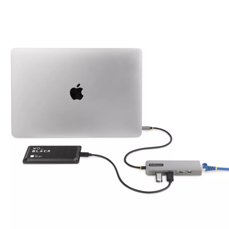 StarTech.com 3-pordiline USB-C jaotur 2,5 Gbps Etherneti ja 100 W toite edastuse läbipääsupordiga, USB 3.2 10 Gbps, 2x USB-A / 1x USB-C, kaasaskantav USB USB-C adapterjaotur