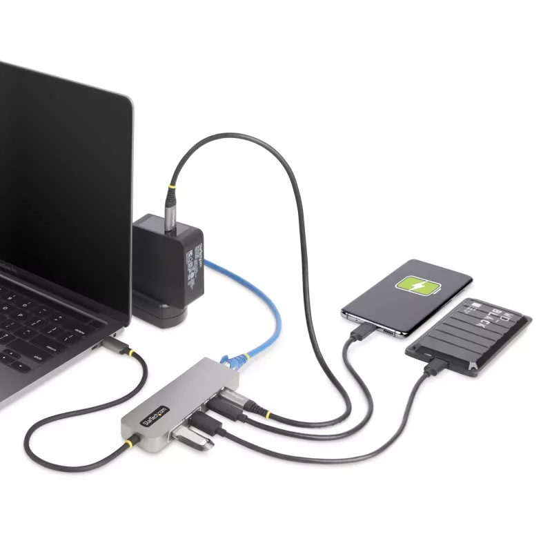 StarTech.com 3-pordiline USB-C jaotur 2,5 Gbps Etherneti ja 100 W toite edastuse läbipääsupordiga, USB 3.2 10 Gbps, 2x USB-A / 1x USB-C, kaasaskantav USB USB-C adapterjaotur