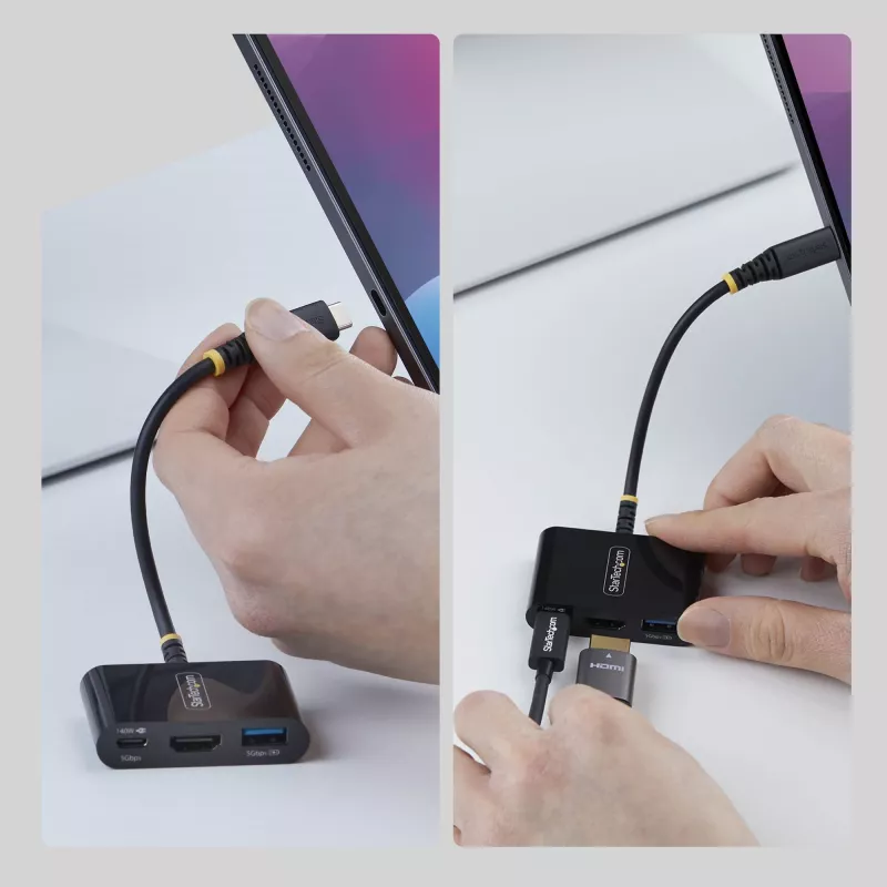 StarTech.com USB-C–HDMI mitme pordiga adapter, 140 W PD laadimine, 4K 60 Hz HDMI, USB 5 Gbit/s jaotur, mini dokk MacBookile / Dellile / Thinkpadile / HP-le / iPadile / tahvelarvutitele