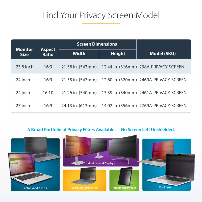StarTech.com 23,8-tolline 16:9 arvutimonitori privaatsusfilter, riputatav akrüülfilter, kiirpaigaldatav turvakilp, monitori ekraanikaitse, +/- 30° vaatenurk, läikiv