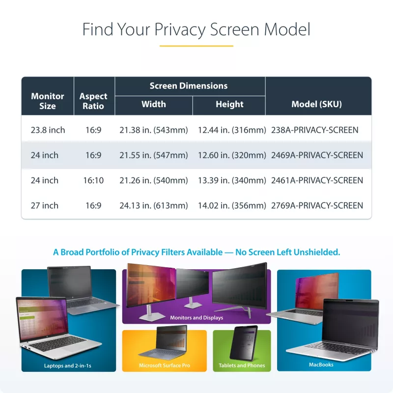 StarTech.com 24-tolline 16:9 arvutimonitori privaatsusekraan, riputatav akrüülfilter, kiirpaigaldusega turvakilp, monitori ekraanikaitse, vaatenurk +/- 30°, läikiv