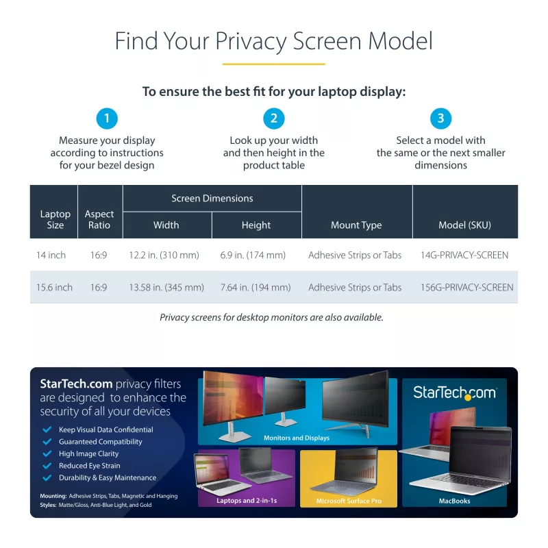 StarTech.com 14-tolline 16:9 sülearvuti privaatsusfilter, pööratav kullafilter täiustatud privaatsusega, arvuti turvafilter, eemaldatav ekraanikaitse/kilp, +/- 30°