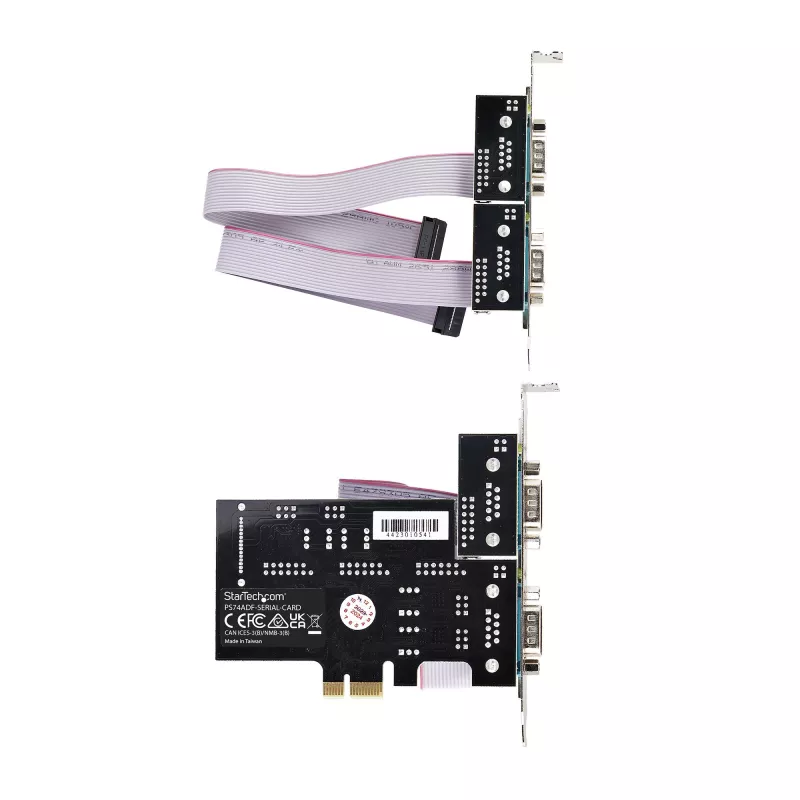 StarTech.com 4-pordiline jadaliidese PCIe-kaart, neljapordiline PCI Express RS232/RS422/RS485 (DB9) jadakaardile, madala profiiliga kronstein kaasas, 16C1050 UART, Windows/Linux, TAA-ühilduv - 4. taseme ESD-kaitse