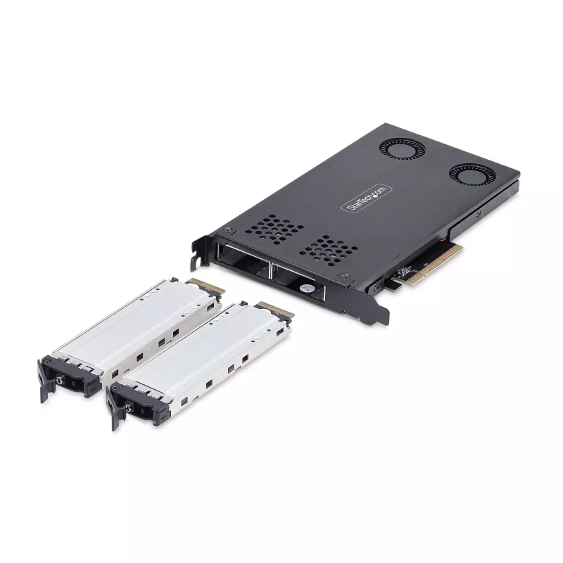 StarTech.com kahe pesaga M.2 NVMe SSD PCIe x8 eemaldatav mobiilne raam; vajalik PCIe bifurkatsioon; tööriistavaba paigaldus, PCIe taustplaat kahe kuuma vahetusega kettapesaga