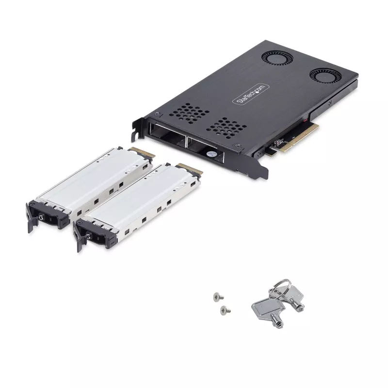 StarTech.com kahe pesaga M.2 NVMe SSD PCIe x8 eemaldatav mobiilne raam; vajalik PCIe bifurkatsioon; tööriistavaba paigaldus, PCIe taustplaat kahe kuuma vahetusega kettapesaga