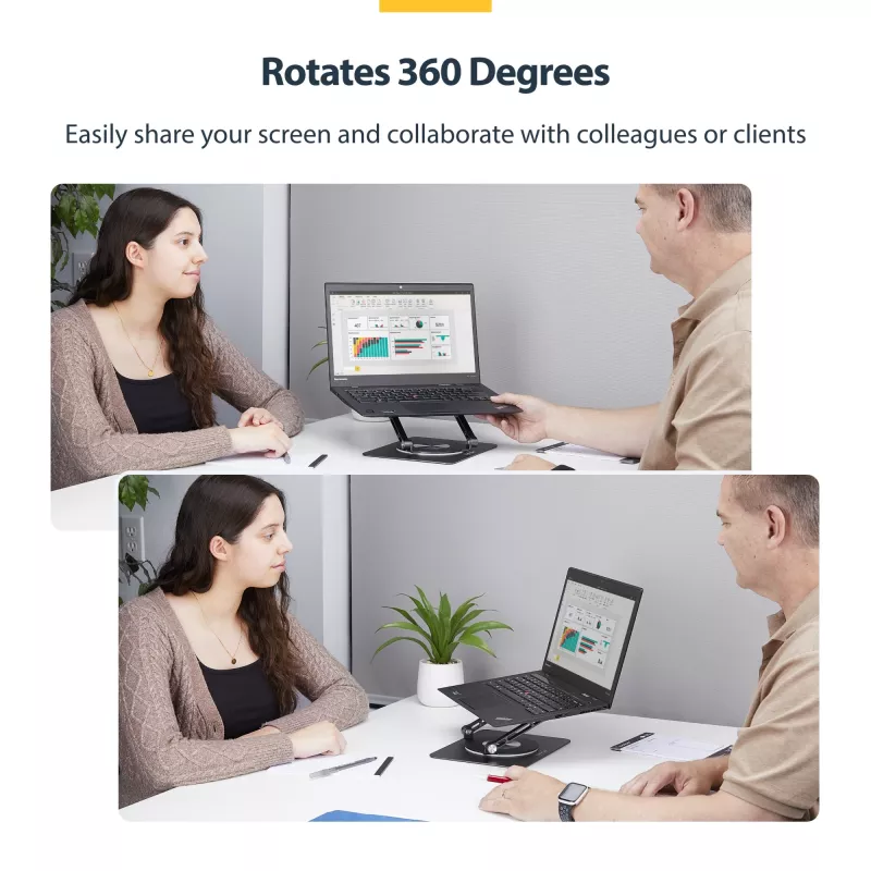 StarTech.com Pöörlev sülearvutialus, 360° pöörlev, ergonoomiline lauatõstuk arvutile, kõrgendatud alus reguleeritava kaldega, max 11lb/5kg, alumiiniumist, kaasaskantav disain