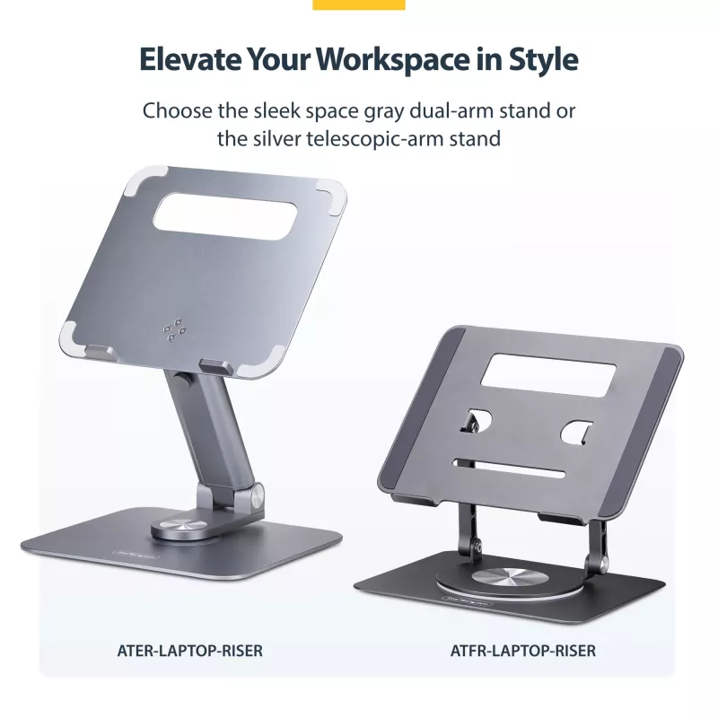 StarTech.com Pöörlev sülearvutialus, 360° pöörlev, ergonoomiline lauatõstuk arvutile, kõrgendatud alus reguleeritava kaldega, max 11lb/5kg, alumiiniumist, kaasaskantav disain