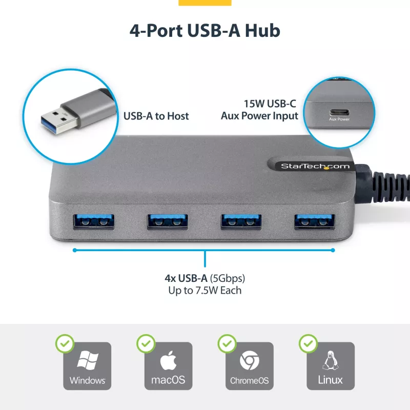 StarTech.com 4-Port USB-A Hub, 5Gbps, Bus Powered, USB-A to 4x USB-A Hub koos USB-C Auxiliary Power Input, 1ft/30cm Host kaabel, Portable Desktop/Laptop USB Hub