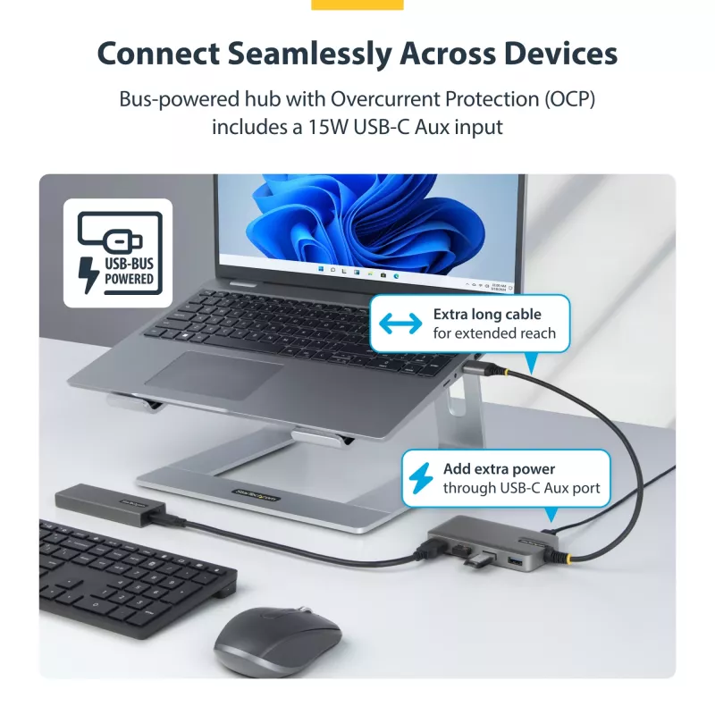 StarTech.com 4-Port USB-A Hub, 5Gbps, Bus Powered, USB-A to 4x USB-A Hub koos USB-C Auxiliary Power Input, 1ft/30cm Host kaabel, Portable Desktop/Laptop USB Hub