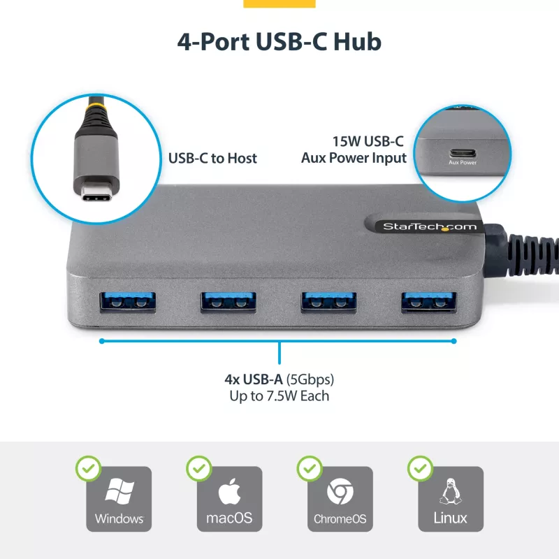 StarTech.com 4-pordiline USB-C jaotur, 5 Gbps, siiniga toidetav, USB-C kuni 4x USB-A jaotur USB-C abitoitesisendiga, 1 jala/30 cm hostikaabel, kaasaskantav laua-/sülearvuti USB-jaotur