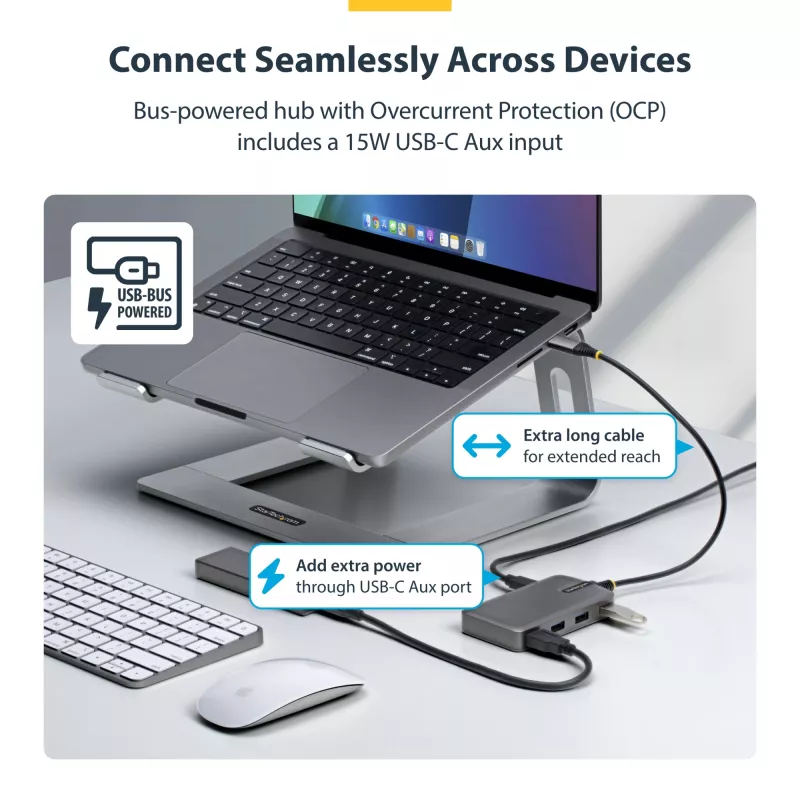 StarTech.com 4-pordiline USB-C jaotur, 5 Gbps, siiniga toidetav, USB-C kuni 4x USB-A jaotur USB-C abitoitesisendiga, 1 jala/30 cm hostikaabel, kaasaskantav laua-/sülearvuti USB-jaotur
