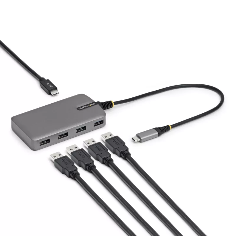 StarTech.com 4-pordiline USB-C jaotur, 5 Gbps, siiniga toidetav, USB-C kuni 4x USB-A jaotur USB-C abitoitesisendiga, 1 jala/30 cm hostikaabel, kaasaskantav laua-/sülearvuti USB-jaotur