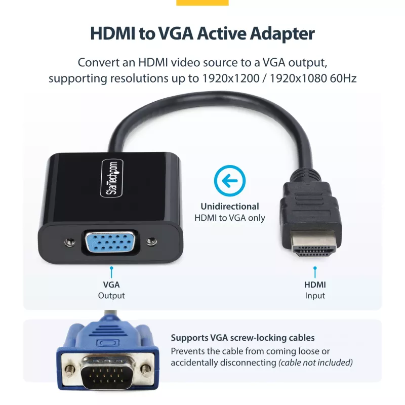 StarTech.com HDMI-VGA-adapter, aktiivne videomuundur sülearvutile/lauaarvutile, 1920x1080 (1080p), HDMI-allikas VGA-kuvarile/ekraanile/projektorile