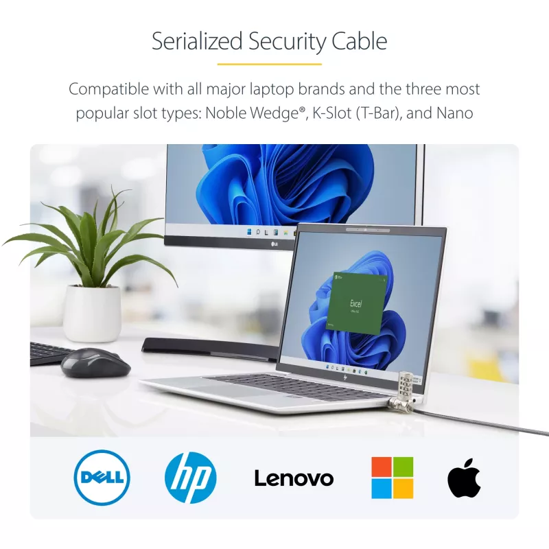 StarTech.com 25-Pack Universal Laptop Lock 6.6ft (2m), serialiseeritud turvakaabel sülearvutile, ühildub Noble Wedge®/Nano/K-Slot, võtmeta kombinatsioonkaabel - TAA