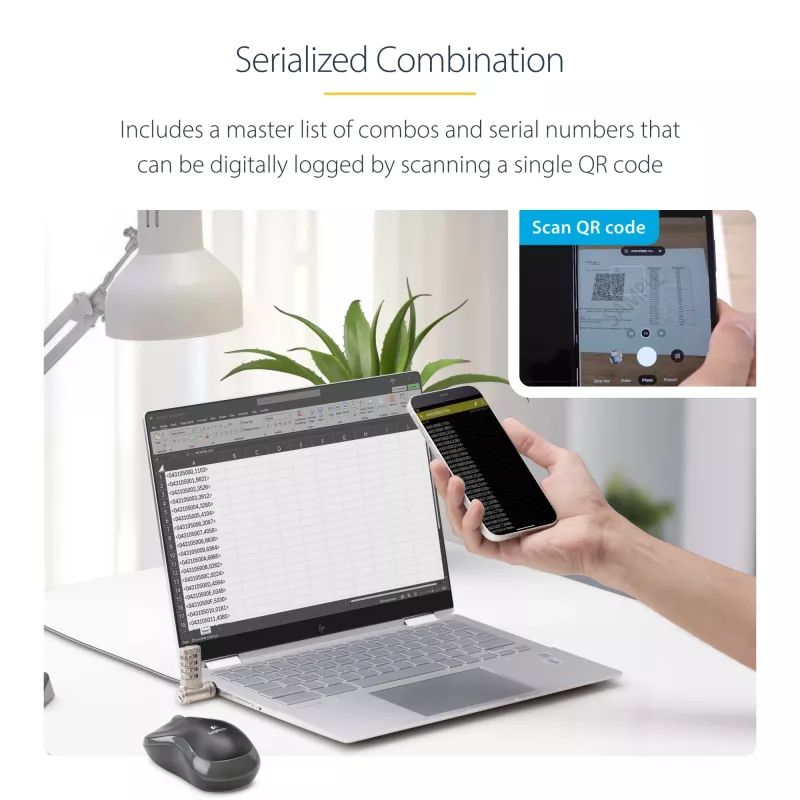 StarTech.com 25-Pack Universal Laptop Lock 6.6ft (2m), serialiseeritud turvakaabel sülearvutile, ühildub Noble Wedge®/Nano/K-Slot, võtmeta kombinatsioonkaabel - TAA