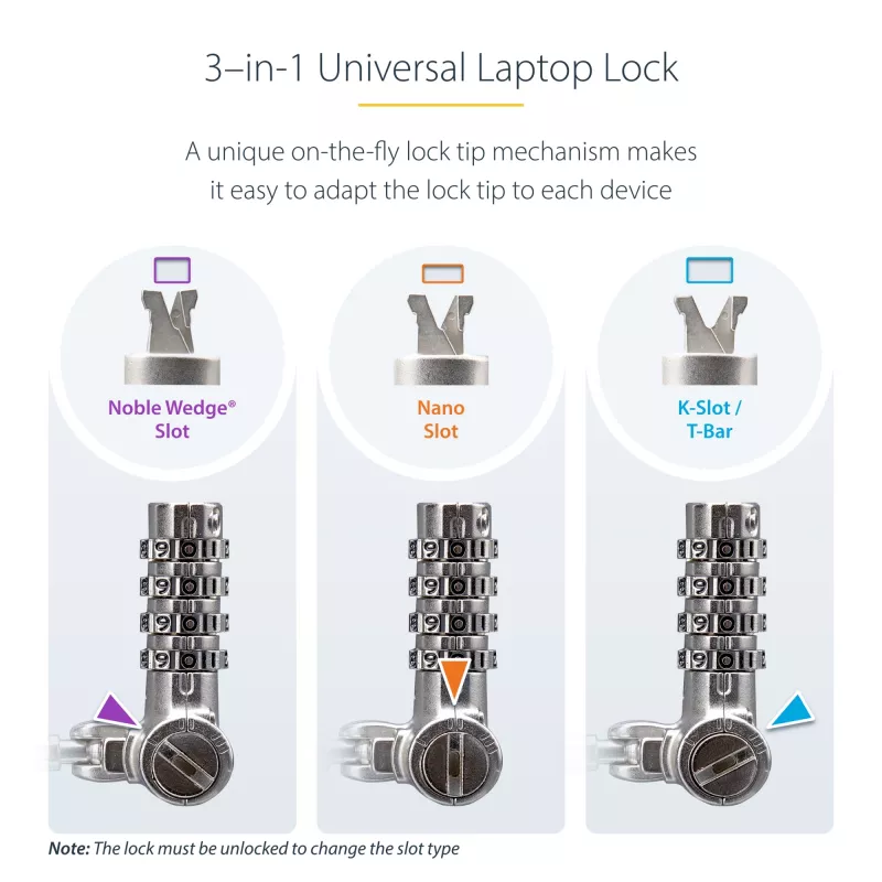 StarTech.com 25-Pack Universal Laptop Lock 6.6ft (2m), serialiseeritud turvakaabel sülearvutile, ühildub Noble Wedge®/Nano/K-Slot, võtmeta kombinatsioonkaabel - TAA
