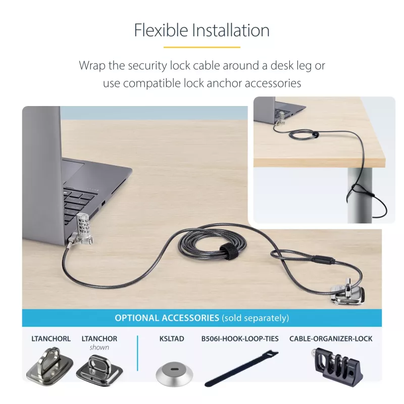 StarTech.com 25-Pack Universal Laptop Lock 6.6ft (2m), serialiseeritud turvakaabel sülearvutile, ühildub Noble Wedge®/Nano/K-Slot, võtmeta kombinatsioonkaabel - TAA