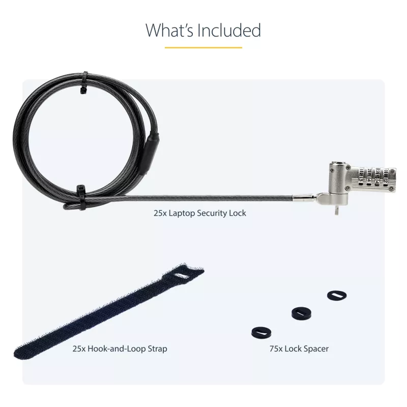 StarTech.com 25-Pack Universal Laptop Lock 6.6ft (2m), serialiseeritud turvakaabel sülearvutile, ühildub Noble Wedge®/Nano/K-Slot, võtmeta kombinatsioonkaabel - TAA