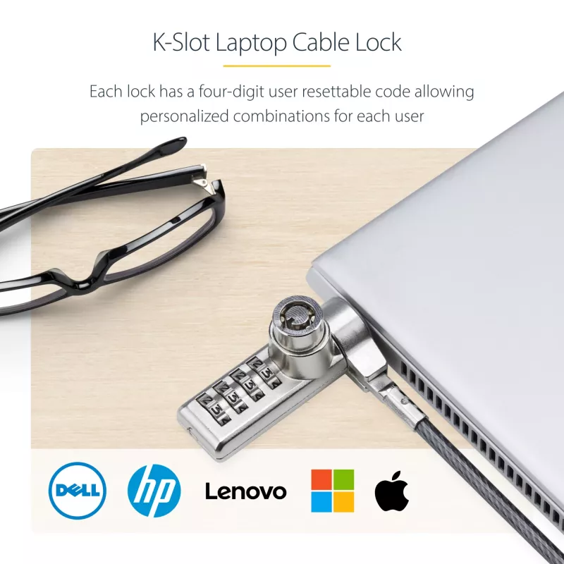StarTech.com 10-Pack Dual-Access Laptop Lock, 6.5ft (2m) Keyed Alike and Combination Security kaabel Lock for K-Slot Devices, Computer Anti-Theft Steel kaabel