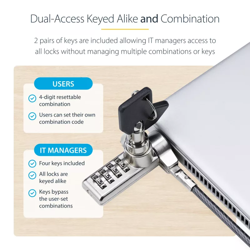 StarTech.com 10-Pack Dual-Access Laptop Lock, 6.5ft (2m) Keyed Alike and Combination Security kaabel Lock for K-Slot Devices, Computer Anti-Theft Steel kaabel