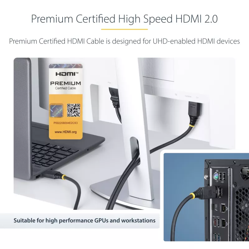 StarTech.com 2 m (6,6 jalga) Premium Certified High Speed HDMI kaabel, 4K 60 Hz / 1440p 144 Hz, HDR10 / HDCP 2.2 / ARC, 18 Gbit/s, UHD HDMI 2.0 juhe telerile / monitorile / kuvarile, TPE mantel